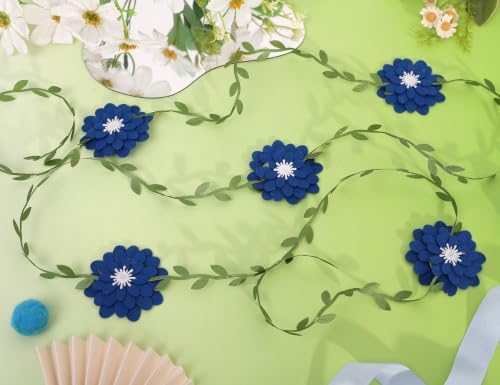 Blue Felt Chrysanthemum Wreath - Blue Leaf Vine Banner, Multi Layer Daisy, Used for Spring Party Decoration, alternate view 3