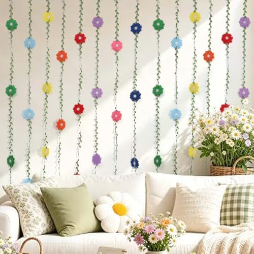 Blue Felt Chrysanthemum Wreath - Blue Leaf Vine Banner, Multi Layer Daisy, Used for Spring Party Decoration, alternate view 6