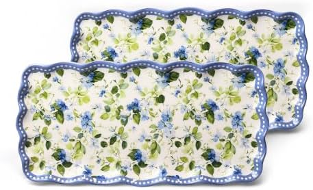 Blue Floral Melamine Serving Trays Set of 2, 15.5 x 8 in Scalloped Platters in Blue Botanical