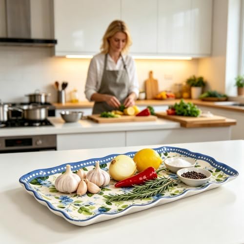 Blue Floral Melamine Serving Trays Set of 2, 15.5 x 8 in Scalloped Platters in Blue Botanical, alternate view 2