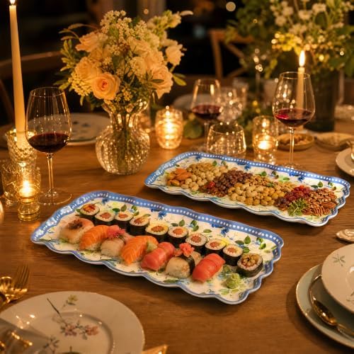 Blue Floral Melamine Serving Trays Set of 2, 15.5 x 8 in Scalloped Platters in Blue Botanical, alternate view 5