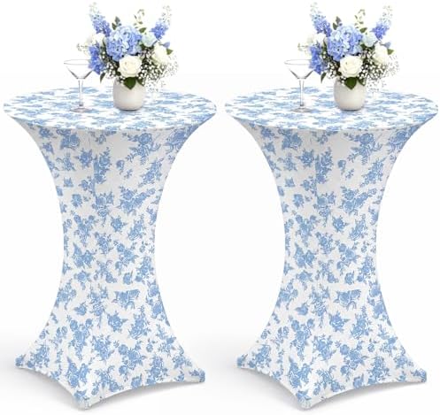 Blue Floral Stretch Cocktail Table Covers, 2 Pack, 32'' x 43''