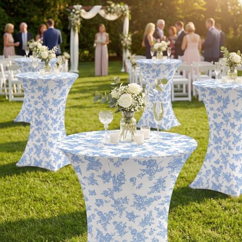 Blue Floral Stretch Cocktail Table Covers, 2 Pack, 32'' x 43'', alternate view 6