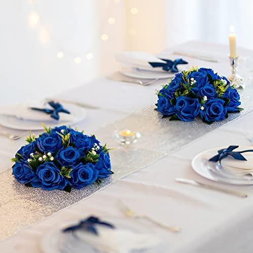 Blue Flowers Artificial for Decoration: 2 Pcs Fake Roses Flower Balls Centerpiece for Wedding Table - Silk, alternate view 3