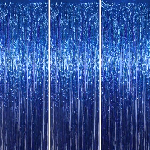 Blue Foil Fringe Backdrop Curtains, 3.3x8.2ft, 3 Pack in 3.3x8.2ft