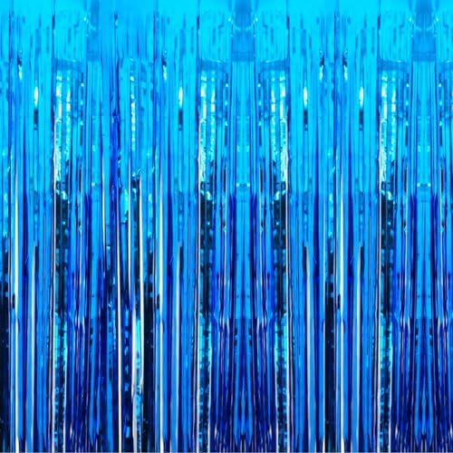 Blue Foil Fringe Curtains Party Backdrop Decor, 2 Pcs 3.2ft × 8.2ft