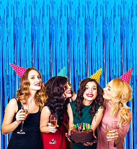 Blue Foil Fringe Curtains Party Backdrop Decor, 2 Pcs 3.2ft × 8.2ft, alternate view 5
