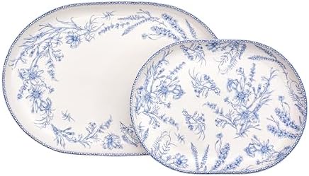 Blue Garden Toile De Jouy 16 plus 12 inch Oval Platters Set, Set of 2, Microwave and Dishwasher Safe, for