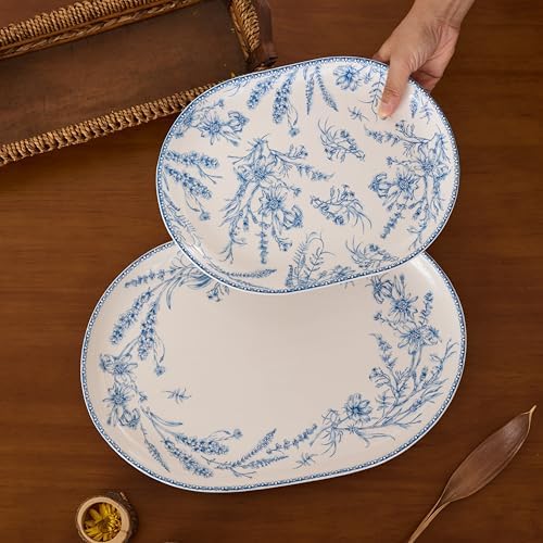 Blue Garden Toile De Jouy 16 plus 12 inch Oval Platters Set, Set of 2, Microwave and Dishwasher Safe, for, alternate view 2