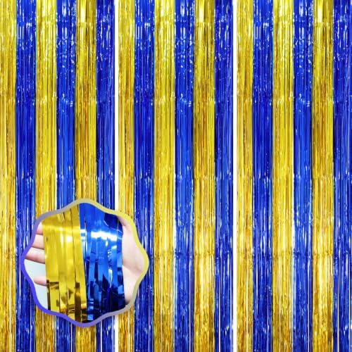 Blue Gold Foil Fringe Backdrop Curtains, 3.3x8.2ft, 3 Pack in 3.3x8.2ft