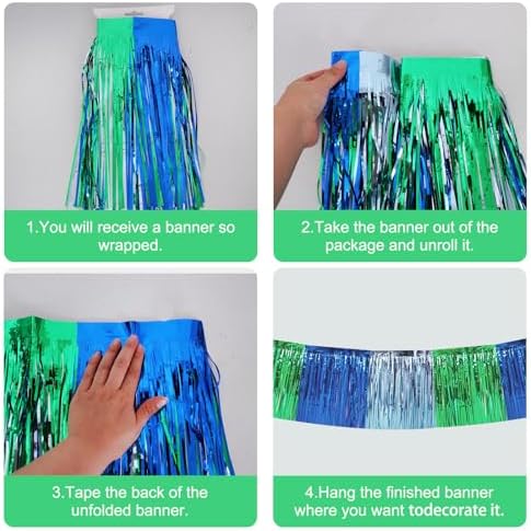 Blue Green Fringe Garland Banner 30ft Wall Tinsel Foil Streamers in Blue Green, alternate view 2
