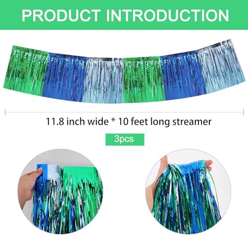 Blue Green Fringe Garland Banner 30ft Wall Tinsel Foil Streamers in Blue Green, alternate view 3