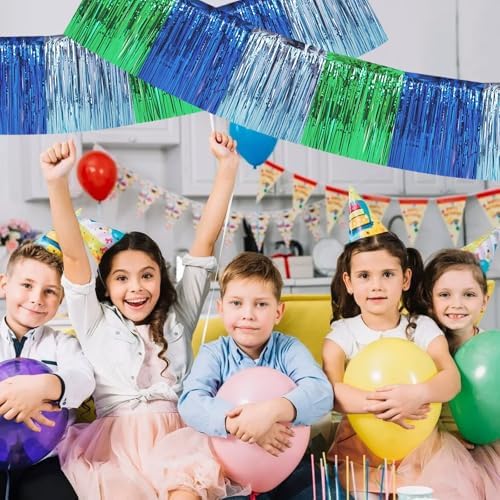 Blue Green Fringe Garland Banner 30ft Wall Tinsel Foil Streamers in Blue Green, alternate view 4