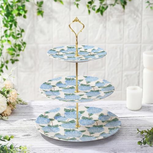 Blue Hydrangea 3 Tier Cake Stand Ceramic Tiered Serving Tray in Blue