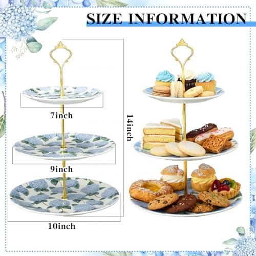 Blue Hydrangea 3 Tier Cake Stand Ceramic Tiered Serving Tray in Blue, alternate view 2