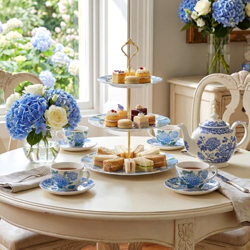 Blue Hydrangea 3 Tier Cake Stand Ceramic Tiered Serving Tray in Blue, alternate view 3