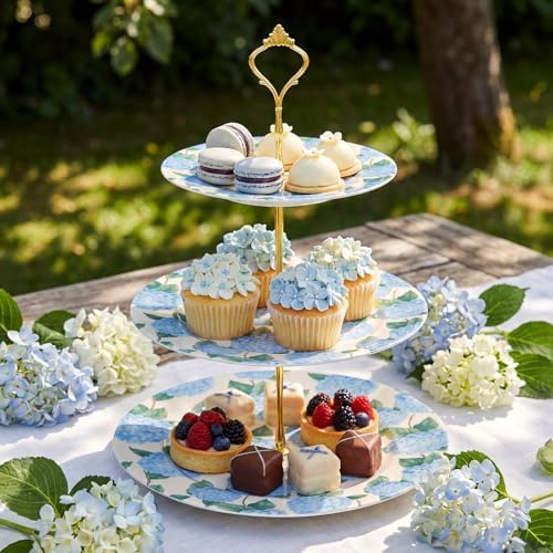 Blue Hydrangea 3 Tier Cake Stand Ceramic Tiered Serving Tray in Blue, alternate view 5
