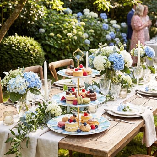 Blue Hydrangea 3 Tier Cake Stand Ceramic Tiered Serving Tray in Blue, alternate view 6