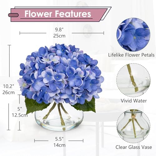 Blue Hydrangea Artificial Flowers with Vase Silk Blue Hydrangeas Fake Flowers Arrangements Floral Bulk Bouquet, alternate