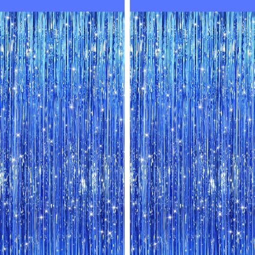 Blue Metallic Fringe Curtains 2 Pack, Tinsel Backdrop for Parties