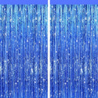 Blue Metallic Fringe Curtains 2 Pack, Tinsel Backdrop for Parties