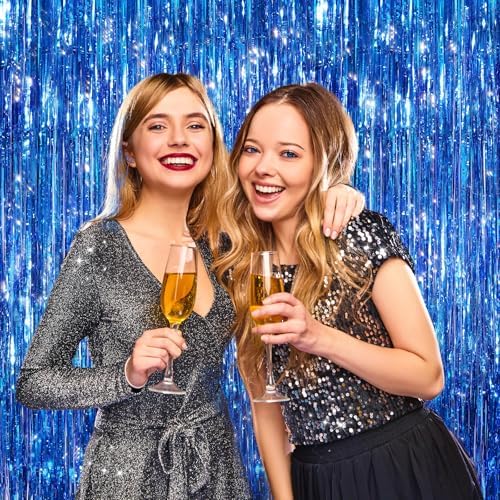 Blue Metallic Fringe Curtains 2 Pack, Tinsel Backdrop for Parties, alternate view 6