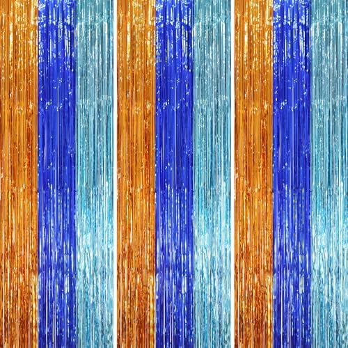 Blue Orange Foil Fringe Backdrop Curtains,3.3x8.2ft, 3 Pack in 3.3x8.2ft
