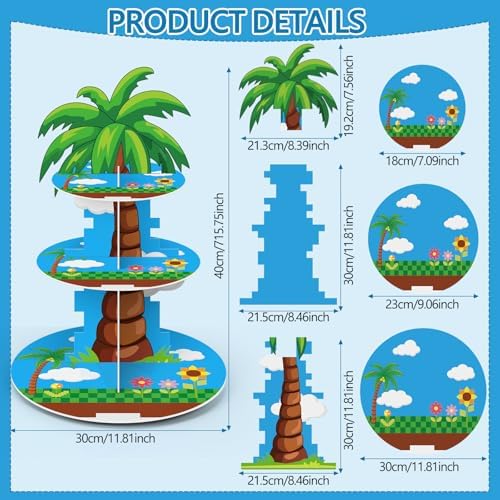 Blue Palm Tree 3 Tier Cupcake Stand, Dessert Holder Tower in Blue, White, alternate view 3