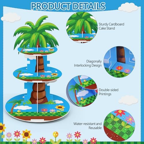 Blue Palm Tree 3 Tier Cupcake Stand, Dessert Holder Tower in Blue, White, alternate view 4