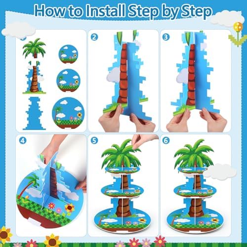 Blue Palm Tree 3 Tier Cupcake Stand, Dessert Holder Tower in Blue, White, alternate view 5
