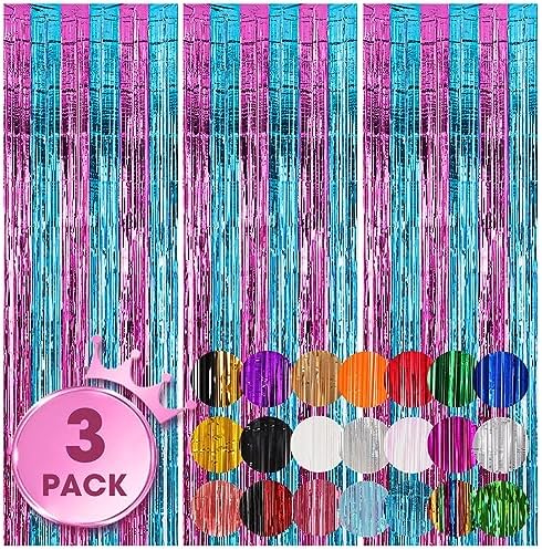 Blue Pink Foil Fringe Backdrop Curtains,3.3x8.2ft, 3 Pack in 3.3x8.2ft
