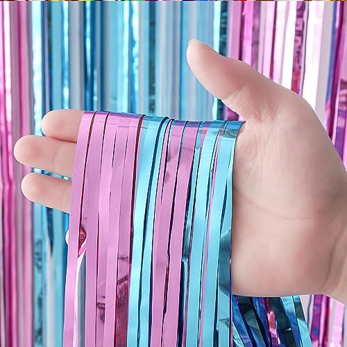 Blue Pink Foil Fringe Backdrop Curtains,3.3x8.2ft, 3 Pack in 3.3x8.2ft, alternate view 4