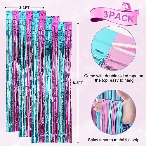Blue Pink Foil Fringe Backdrop Curtains,3.3x8.2ft, 3 Pack in 3.3x8.2ft, alternate view 5