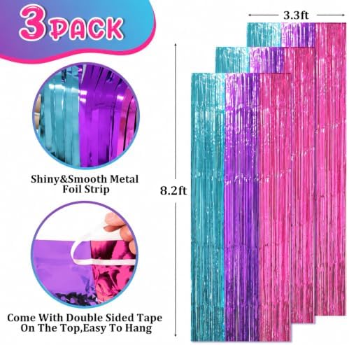 Blue Purple Pink Fringe Backdrop Curtains, 3.3x8.2ft, 3 Pack in 3.3x8.2ft, alternate view 3