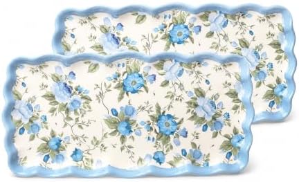 Blue Rose Melamine Serving Trays Set of 2, 15.5 x 8 in Scalloped Platters in Blue Rose