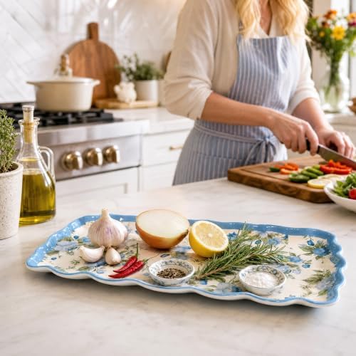 Blue Rose Melamine Serving Trays Set of 2, 15.5 x 8 in Scalloped Platters in Blue Rose, alternate view 2