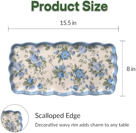 Blue Rose Melamine Serving Trays Set of 2, 15.5 x 8 in Scalloped Platters in Blue Rose, alternate view 3