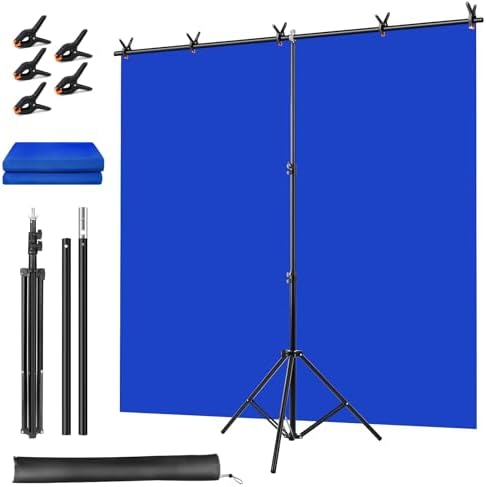 Blue Screen Backdrop Kit, Portable Bluescreen Background with T-Shaped Stand, 5 Clamps & Carrying Bag for