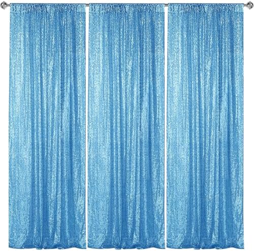 Blue Sequin Backdrop Curtain 3 Panels 2FTx8FT Glitter Blue Background Drapes Sparkle Photography Backdrop for
