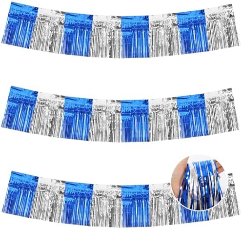 Blue Silver Fringe Garland Banner 30ft Wall Tinsel Foil Streamers in Blue Silver