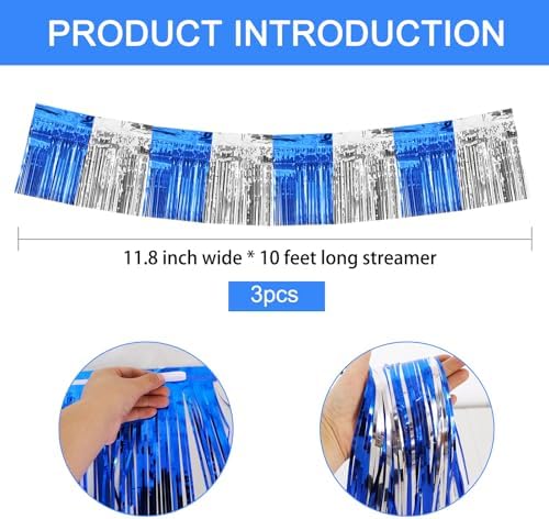 Blue Silver Fringe Garland Banner 30ft Wall Tinsel Foil Streamers in Blue Silver, alternate view 2