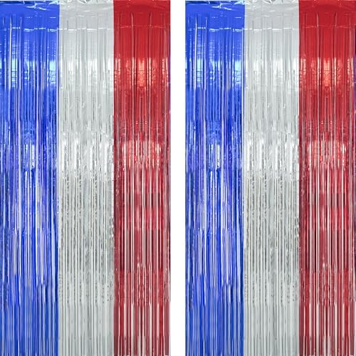 Blue Silver Red Party Streamers 4th of July Decorations 3.2ft x 8.2ft 2 PCS