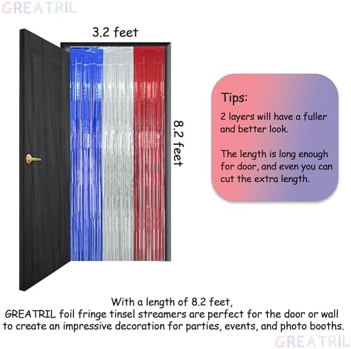 Blue Silver Red Party Streamers 4th of July Decorations 3.2ft x 8.2ft 2 PCS, alternate view 6