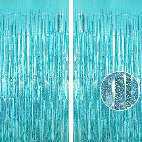 Blue Tinsel Foil Fringe Curtain Backdrop, 3.3 x 8.2 ft Metallic Glitter Curtain Streamers, 2 Pack Light Blue