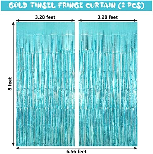 Blue Tinsel Foil Fringe Curtain Backdrop, 3.3 x 8.2 ft Metallic Glitter Curtain Streamers, 2 Pack Light Blue, alternate view