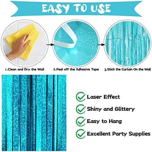 Blue Tinsel Foil Fringe Curtain Backdrop, 3.3 x 8.2 ft Metallic Glitter Curtain Streamers, 2 Pack Light Blue, alternate view