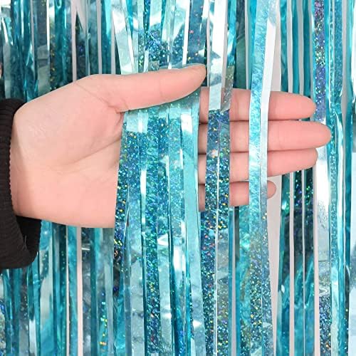 Blue Tinsel Foil Fringe Curtain Backdrop, 3.3 x 8.2 ft Metallic Glitter Curtain Streamers, 2 Pack Light Blue, alternate view