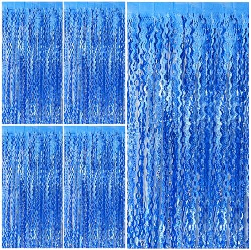 Blue Tinsel Foil Fringe Curtains Wavy Backdrop for Parties Sparkle Metallic Wavy Foil Fringe Backdrop Curtain