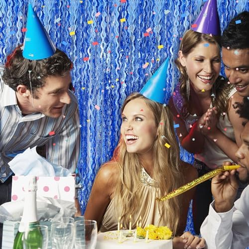 Blue Tinsel Foil Fringe Curtains Wavy Backdrop for Parties Sparkle Metallic Wavy Foil Fringe Backdrop Curtain, alternate view