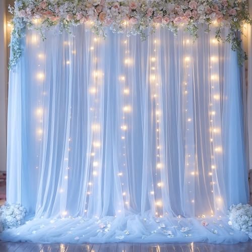 Blue Tulle Backdrop Curtains with Lights String for Parites Baby Shower 20×10ft Blue Sheer Backdrop Curtains, alternate view